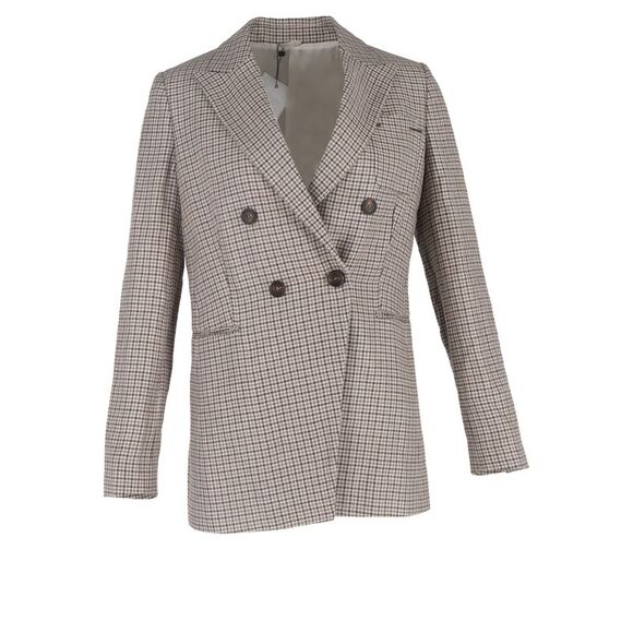 Brunello Cucinelli Houndstooth Double-Breasted Blazer in Beige Wool